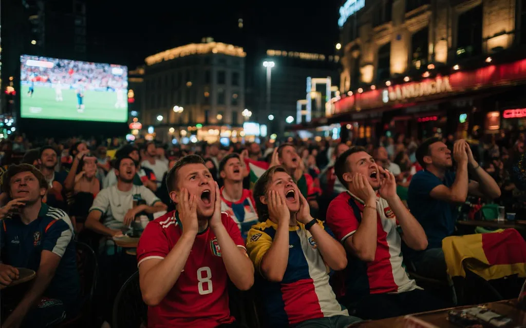 不同国家球迷在广场和酒吧观看决赛，表情各异但同样投入